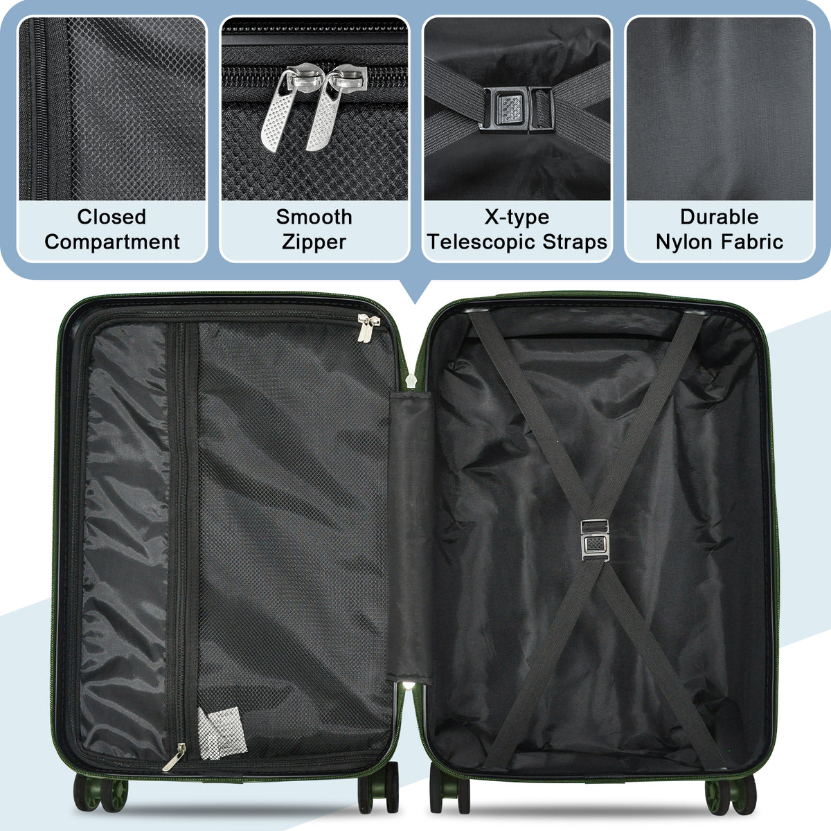 Joyway Luggage Set 6 Piece ABS Hardside Lightweight Suitcase with TSA Lock Spinner Wheels (18/20/24/28),Green-Brown