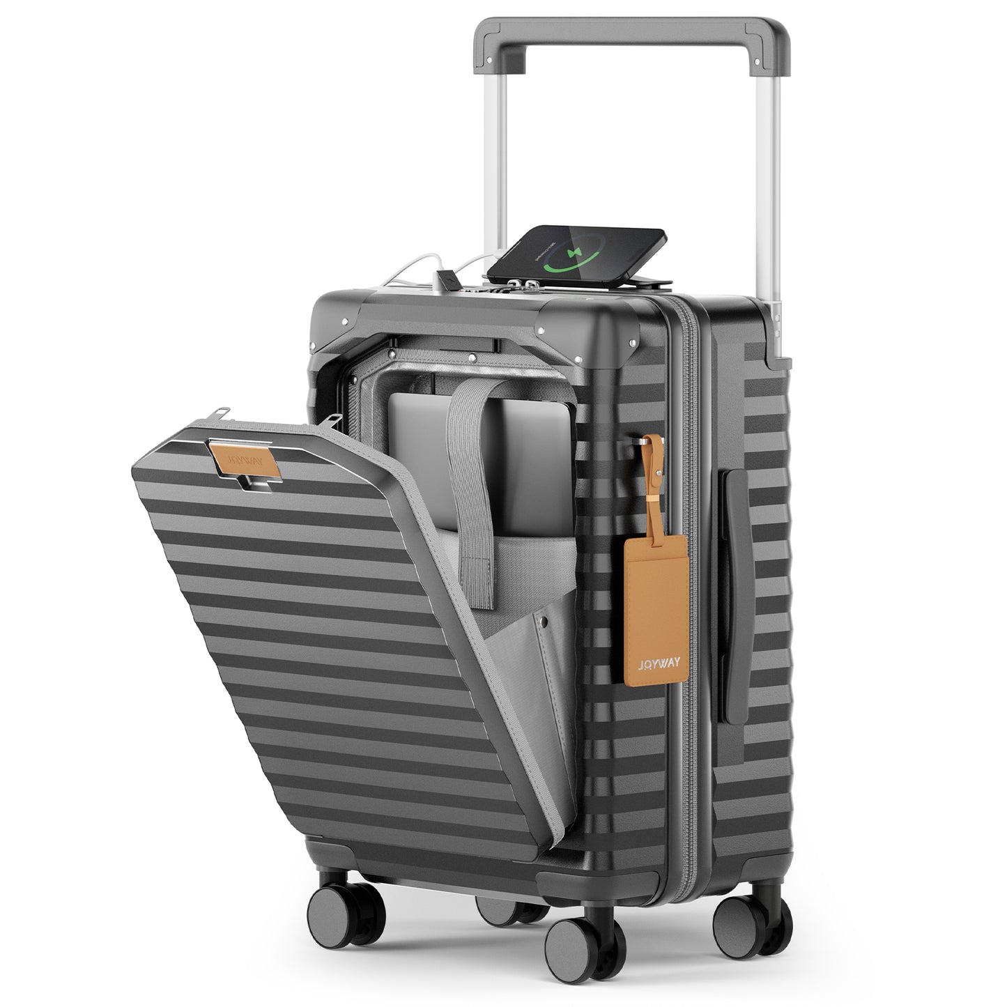 Joyway Front Opening Cover Carry-on Luggage Side Hooks TSA Lock Spinner Wheels YKK Zippers，PC material TR017