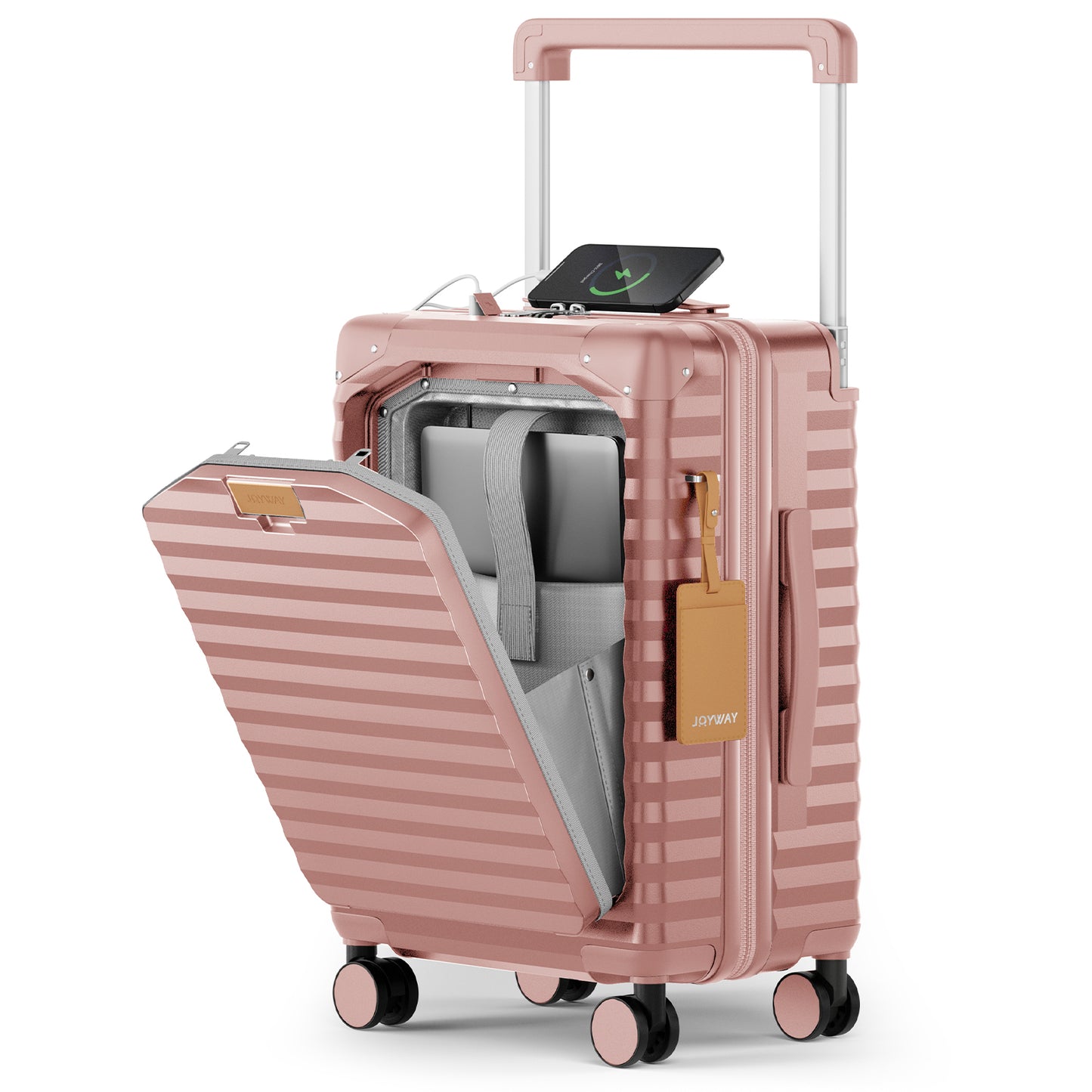 Joyway Front Opening Cover Carry-on Luggage Side Hooks TSA Lock Spinner Wheels YKK Zippers，PC material TR017