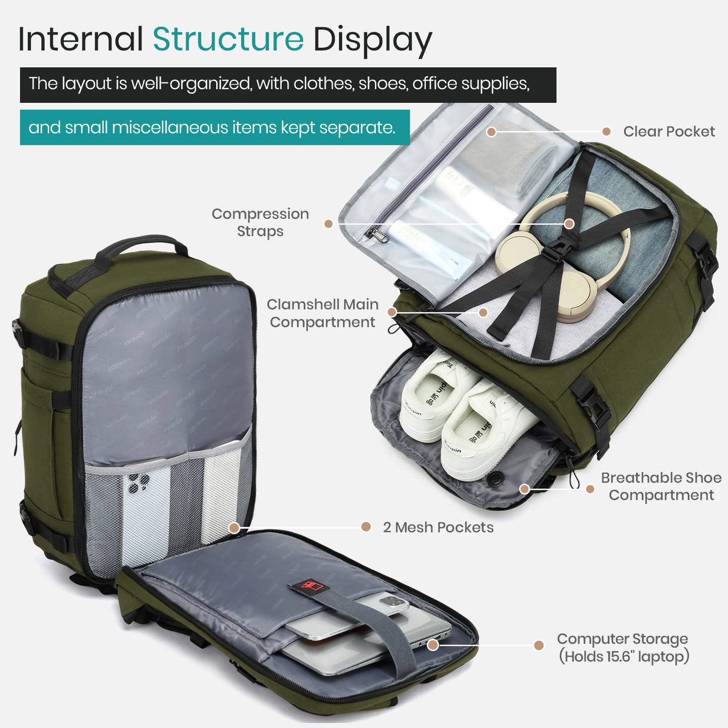 Joyway Travel Backpack for Women & Men Large Capacity Carry On Backpack with Shoe Compartment Waterproof Weekender Bag Laptop Backpack with Wide Opening Overnight Bag for Travel Work Gym