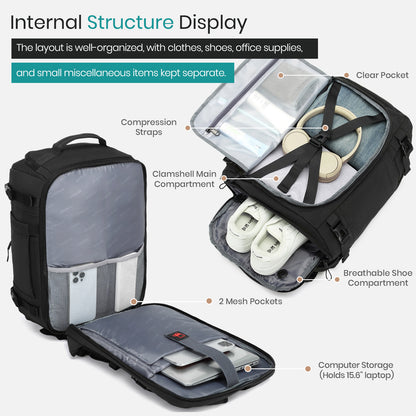 Mochila de viaje Joyway para mujeres y hombres, mochila de gran capacidad con compartimento para zapatos, bolsa de fin de semana impermeable, mochila para portátil con apertura amplia, bolsa de viaje para pernoctaciones, trabajo y gimnasio.