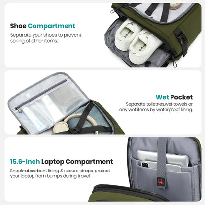 Mochila de viaje Joyway para mujeres y hombres, mochila de gran capacidad con compartimento para zapatos, bolsa de fin de semana impermeable, mochila para portátil con apertura amplia, bolsa de viaje para pernoctaciones, trabajo y gimnasio.