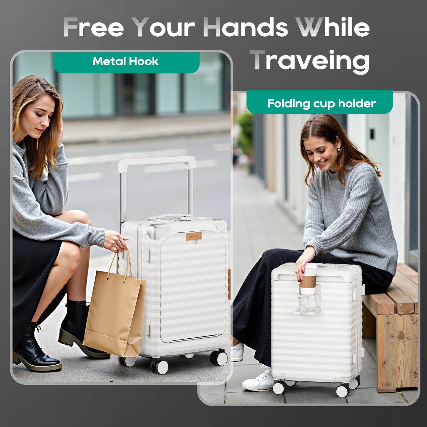 Joyway Front Opening Cover Carry-on Luggage Side Hooks TSA Lock Spinner Wheels YKK Zippers，PC material TR017