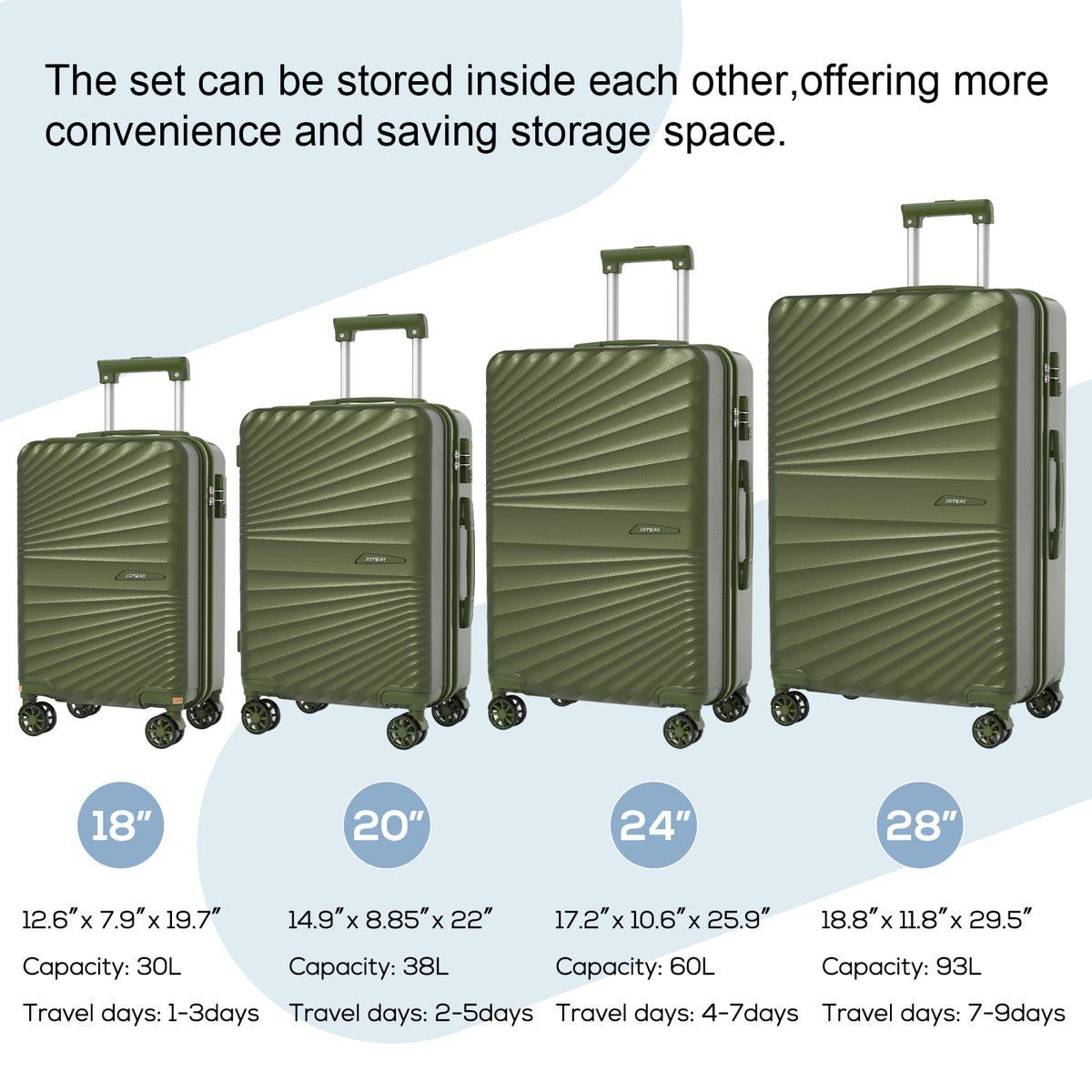 Joyway Luggage Set 6 Piece ABS Hardside Lightweight Suitcase with TSA Lock Spinner Wheels (18/20/24/28),Green-Brown