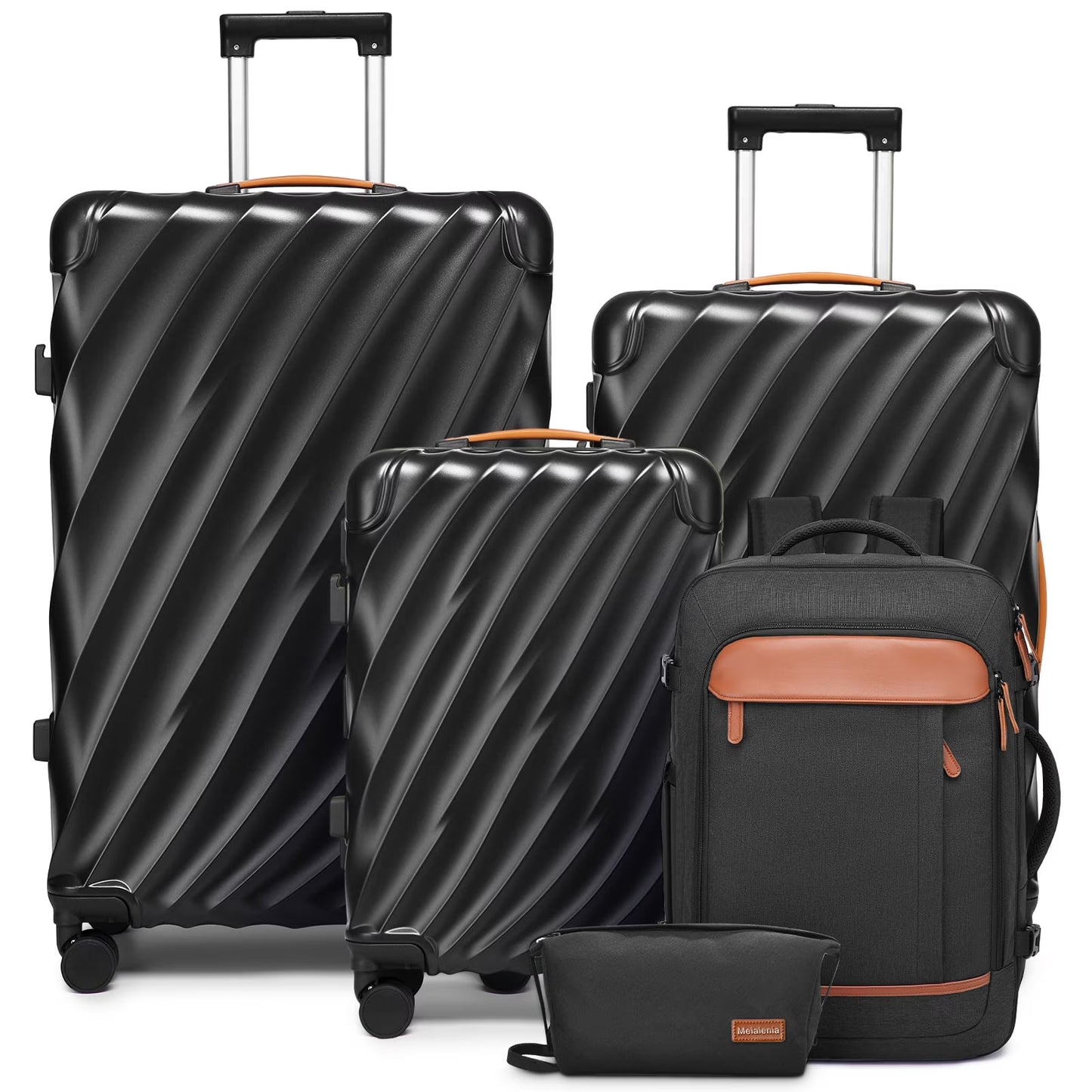 Joyway 5-Piece Luggage Set PC Ultra-Hard Shell Lightweight Suitcase TSA Lock Brake Spinner Wheels (20/24/29) with Backpack Black TR025