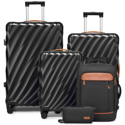 Juego de equipaje de 5 piezas Joyway PC de carcasa rígida ultraligera con cerradura TSA y ruedas giratorias con freno (20/24/29) con mochila, negro TR025